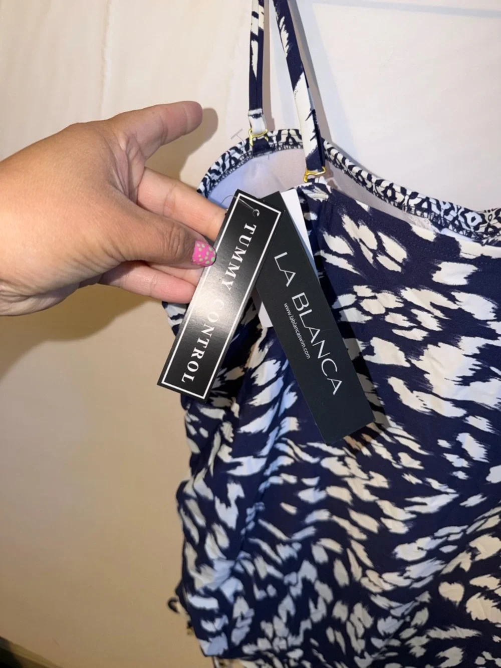 La Blanca Navy & White Printed Tankini Top with Adjustable Straps NWT size 14 - Picture 6 of 7